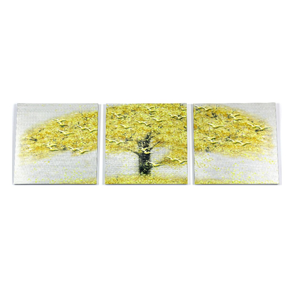 Golden Tree Triptych Wall Art Canvas - Yellow Tree Painting